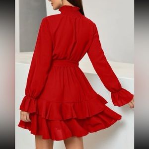 Boho shirred neck ruffles hem belted dress